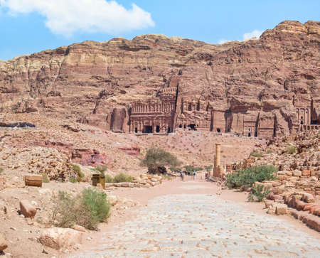 View with The Colonnaded Street in the ancient city of Petra, Jordan. Street Facade cobble road in Petra.の写真素材
