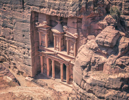 Al-Khazneh (The Treasury) one of the most elaborate temples in the ancient city of Petra, Jordan. View from above.の写真素材