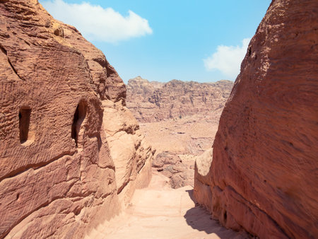 Scenic view of the ancient city of Petra seen from the Al-Khubtha Trailの写真素材