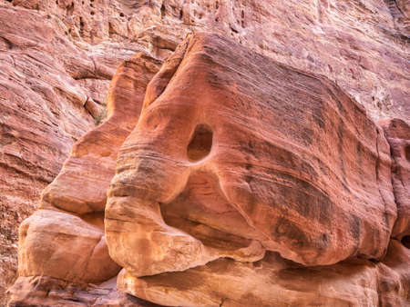 Animal or elephant shaped rock formation. Natural carved shape in reds and desert stone in Petra, Jordan.の写真素材