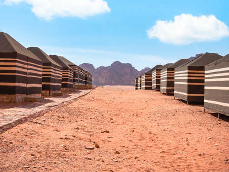 Bedouin camp with traditional tents in Wadi Rum desert, Jordan.の写真素材