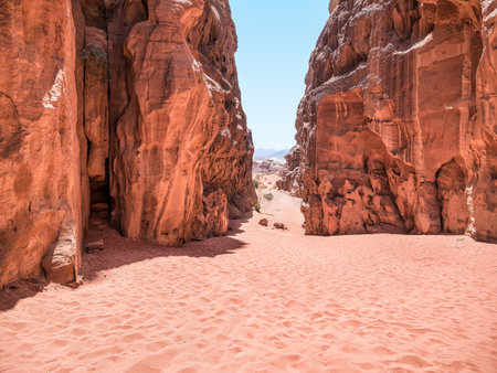 Abu Khashaba canyon in Wadi Rum red rock desert, Jordan.の写真素材