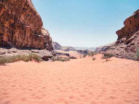 Scenic view from Wadi Rum rocky desert, in Jordan. Desert landscapeの写真素材