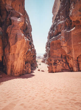 Abu Khashaba canyon in Wadi Rum red rock desert, Jordan.の写真素材