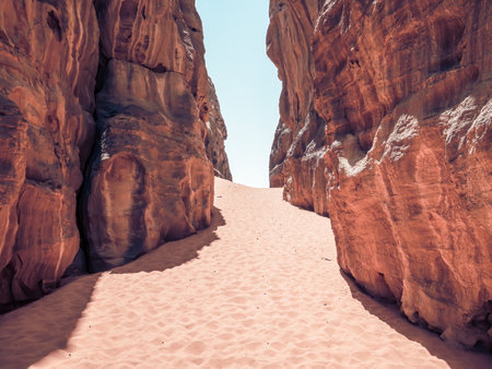 Abu Khashaba canyon in Wadi Rum red rock desert, Jordan.の写真素材