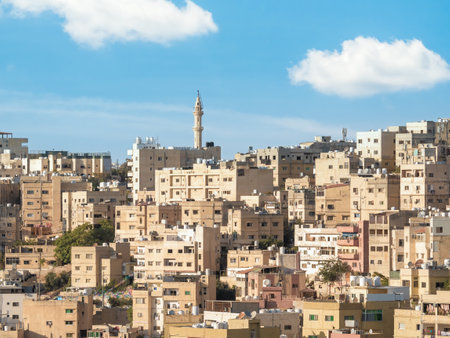 Close up detail with many crowded apartment buildings in Amman, Jordan.の写真素材