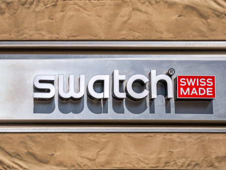 Amman, Jordan - 09.02.2021: Logo store of the world famous Swiss watch company Swatch