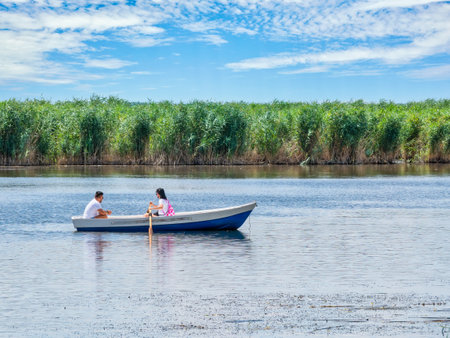 Comana, Romania - 08.06.2021: Scenic view with Comana lake part of Comana Natural Park, located near Bucharest, Romania.のeditorial素材