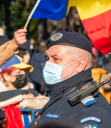 Bucharest, Romania - 12.01.2021: Police officer part of the military force called Gendarmerie at the unity day national military parade in Bucharest.のeditorial素材