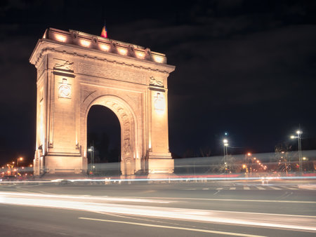 Bucharest,Romania - 01.29.2022: The Arch of Triumph (Arcul de Triumf) in Bucharest is closely modelled after the Arc de Triomphe from Paris. located in the Northern part of Bucharest.のeditorial素材
