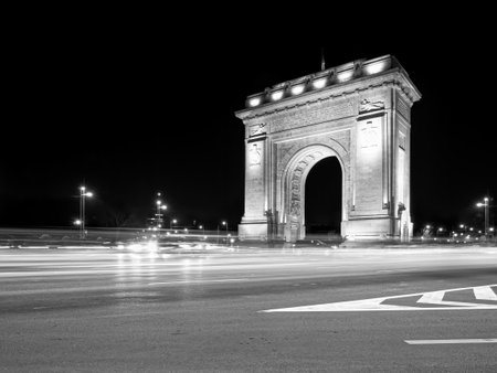 Bucharest,Romania - 01.29.2022: The Arch of Triumph (Arcul de Triumf) in Bucharest is closely modelled after the Arc de Triomphe from Paris. located in the Northern part of Bucharest.のeditorial素材