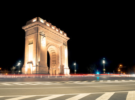 Bucharest,Romania - 01.29.2022: The Arch of Triumph (Arcul de Triumf) in Bucharest is closely modelled after the Arc de Triomphe from Paris. located in the Northern part of Bucharest.のeditorial素材