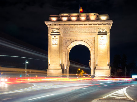 Bucharest,Romania - 01.29.2022: The Arch of Triumph (Arcul de Triumf) in Bucharest is closely modelled after the Arc de Triomphe from Paris. located in the Northern part of Bucharest.のeditorial素材