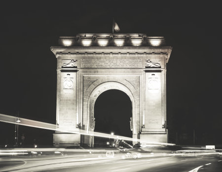 Bucharest,Romania - 01.29.2022: The Arch of Triumph (Arcul de Triumf) in Bucharest is closely modelled after the Arc de Triomphe from Paris. located in the Northern part of Bucharest.のeditorial素材