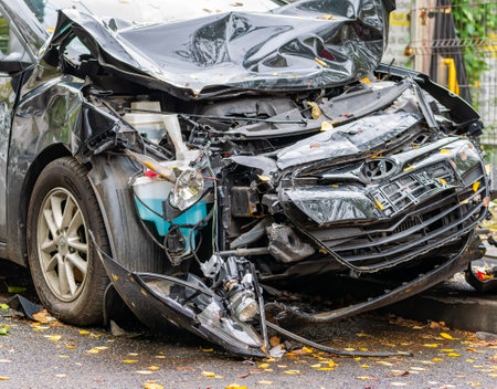 Bucharest, Romania - 10.16.2021: Hyundai car involved in an accident. Crashed and damaged Hyundai carのeditorial素材