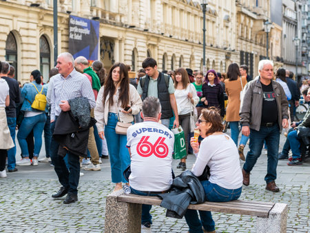 Bucharest, Romania - 04.08.2022: Busy weekend day with many people on the streets of old town center in Bucharest.のeditorial素材