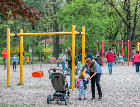 Bucharest, Romania - 04.15.2022: Children s playground inside in KIng MIhai I park (Herestrau), in Bucharestのeditorial素材