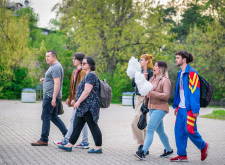 Bucharest, Romania - 04.15.2022: Busy weekend with many tourists and locals out for a stroll in King Mihai I park (Herestrau)のeditorial素材