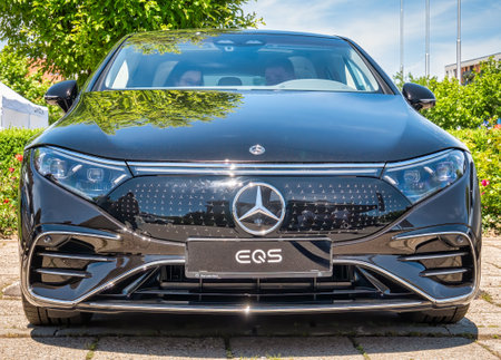 Bucharest, Romania - 05.20.2022: Close up detail with the new Mercedes model EQS full electric car.のeditorial素材