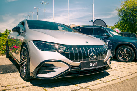 Bucharest, Romania - 05.20.2022: Close up detail with the new Mercedes model EQE full electric car.のeditorial素材