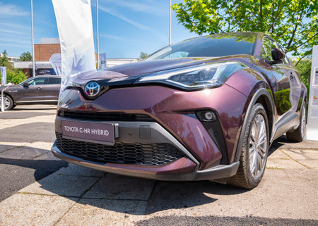 Bucharest, Romania - 05.20.2022: Front view picture with the new Toyota C-HR full Hybrid car.のeditorial素材