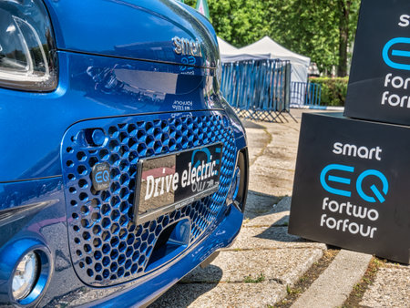 Bucharest, Romania - 05.20.2022: Close up detail with full electric small city car Smart EQ fortwoのeditorial素材