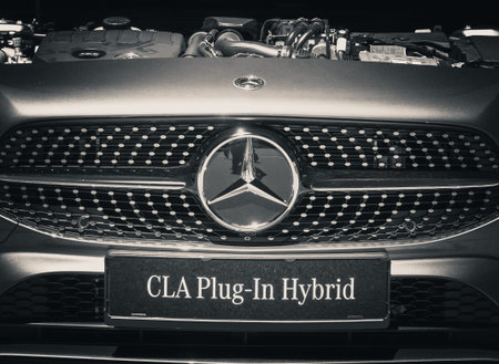 Bucharest, Romania - 05.20.2022: Close up detail with the front hood bar of the new Mercedes-Benz...