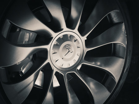 Bucharest, Romania - 05.20.2022: Close up detail with the Tesla electric car manufacturer logo on the rim wheelのeditorial素材