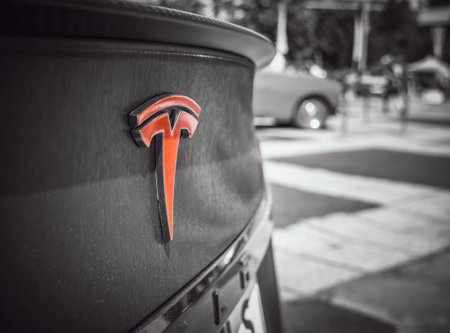 Bucharest, Romania - 05.20.2022: Close up with the logo of the famous american luxury electric car...