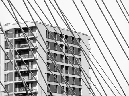 Black and white minimalist abstract picture with an apartment building in the background and the metal bars or wires of a suspended bridgeの写真素材