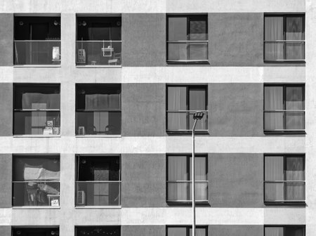 Close up detail with a new built apartment building in Bucharest, Romania. Abstract black and white photographyの写真素材