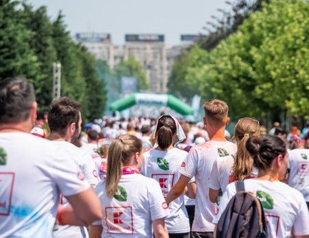 Bucharest, Romania - April 2022: Many people taking part in the Color Run race in Bucharest. Famous paint race sponsored by Kauflandのeditorial素材