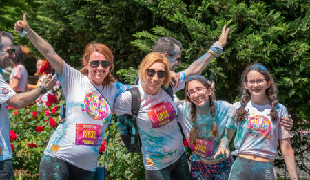 Bucharest, Romania - April 2022: Many people taking part in the Color Run race in Bucharest. Famous paint race sponsored by Kauflandのeditorial素材