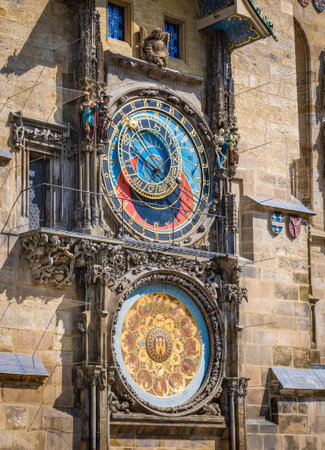 Prague, Czech Republic - June 2022: Close up detail with Prague Astronomical Clock Medieval timepiece on the facade of city hall and a famous touristic attraction.のeditorial素材