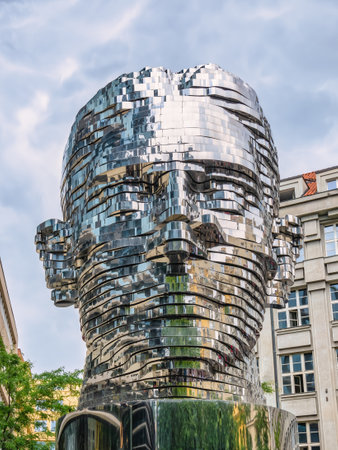 Prague, Czech Republic - June 2022: The kinetic sculpture or statue of Franz Kafka Rotating Head in Prague.のeditorial素材