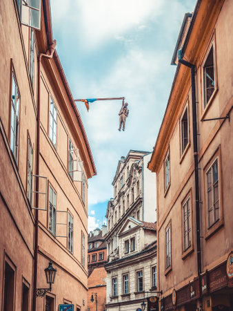 Prague, Czech Republic - June 2022: Sigmund Freud statue called Man Hanging Out by sculptor David Äerny in Pragueのeditorial素材