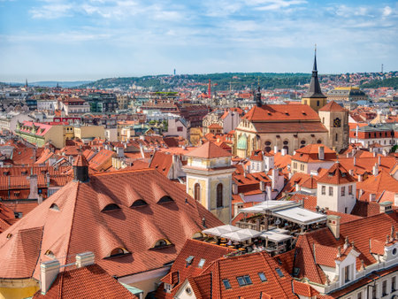 Prague, Czech Republic - June 2022: Beautiful aerial view with the city of Prague. Many traditional houses with red roof tiles.のeditorial素材