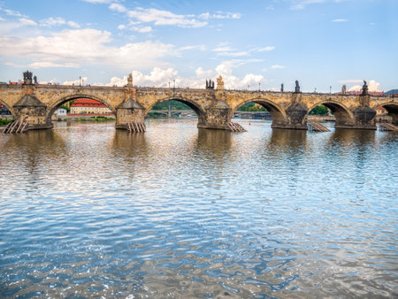 Prague, Czech Republic - June 2022: View with the Charles Bridge main touristic attraction . Medieval stone arch bridge over Vltava river in Pragueのeditorial素材