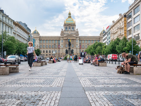 Prague, Czech Republic - June 2022: Front facade view with the main building of The National Museum (NÃ¡rodnÃ­ muzeum), in Pragueのeditorial素材
