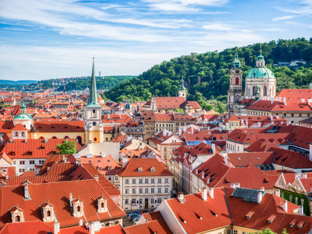 Aerial view with the beautiful city of Prague and the red brick roofs of the old houses in the old town , Czech Republicの写真素材