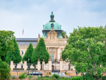 Prague, Czech Republic - June 2022: The Straka Academy Neo-baroque building situated on the left bank of Vltava river. Government of the Czech Republic.のeditorial素材