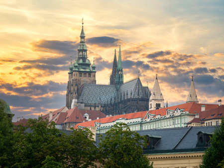 Prague, Czech Republic - June 2022: Beautiful aerial view with the Prague Castle at sunsetのeditorial素材