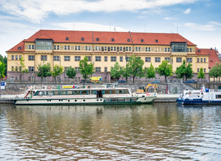 Prague, Czech Republic - June 2022: Scenic view with the Faculty of Law of the Charles University (PrÃ¡vnickÃ¡ fakulta UK) from Vltava river in Pragueのeditorial素材