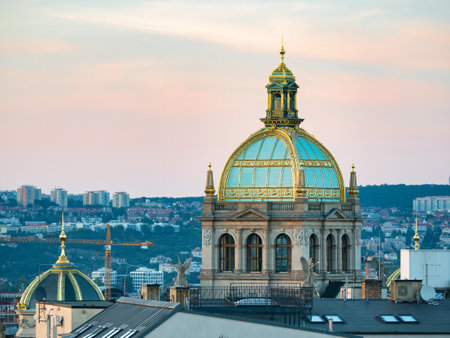 Aerial view with the dome of NÃ¡rodnÃ­ muzeum (National Museum),のeditorial素材