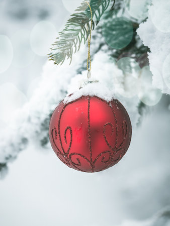 Red Christmas decoration globe on a pine tree with snow on the branches. Winter winter holidays postcardの写真素材