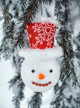 Snowman christmas tree decoration. Winter holidays postcardの写真素材