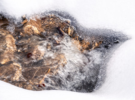Minimalist abstract picture of a mountain stream flowing beneath the white frozen snow.