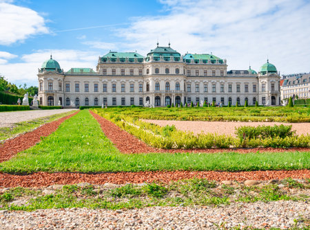 View with Belvedere Palace (Schloss Belvedere) built in Baroque architectural style and located in Vienna, Austriaのeditorial素材
