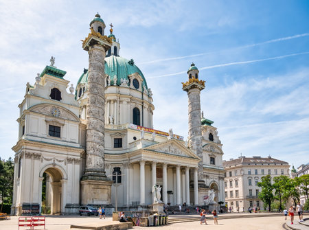 Vienna, Austria - June 2022: View with Karlskirche (St. Charles Church) Habsburg baroque cathedral located on the south side of Karlsplatz in Viennaのeditorial素材