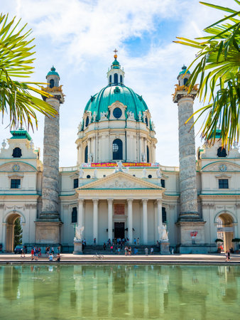 Vienna, Austria - June 2022: View with Karlskirche (St. Charles Church) Habsburg baroque cathedral located on the south side of Karlsplatz in Viennaのeditorial素材